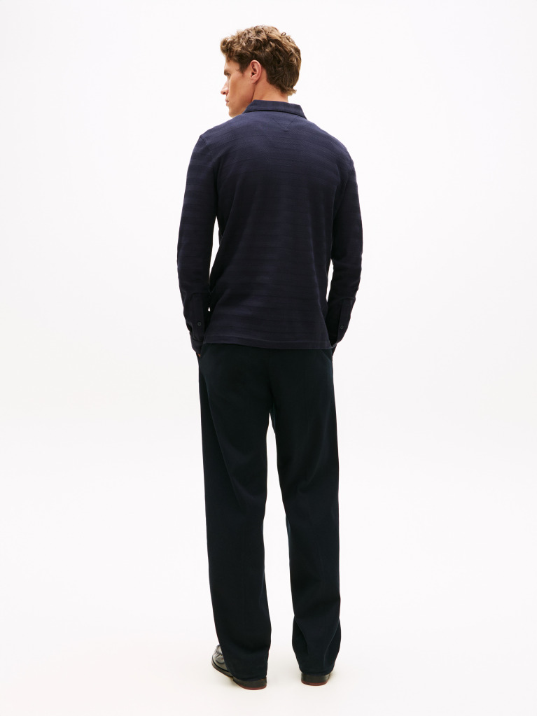 Blue Herringbone Jacquard Long Sleeve Polo Shirt  Men
