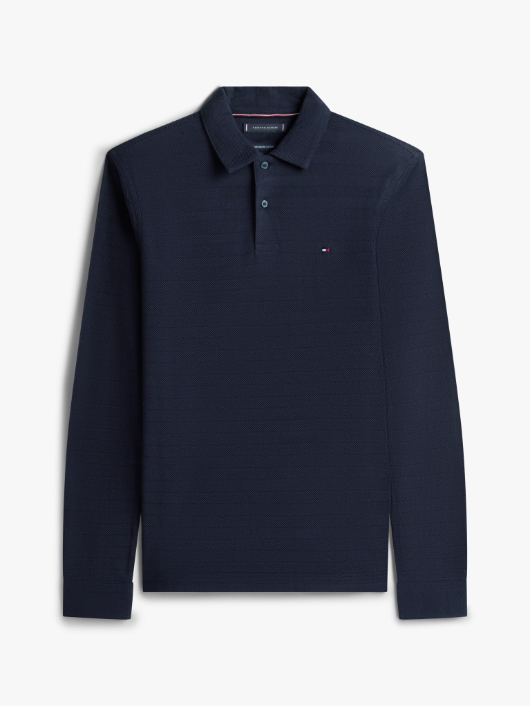 Blue Herringbone Jacquard Long Sleeve Polo Shirt  Men
