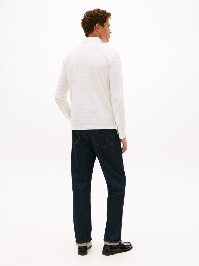 Beige Herringbone Jacquard Long Sleeve Polo Shirt  Men