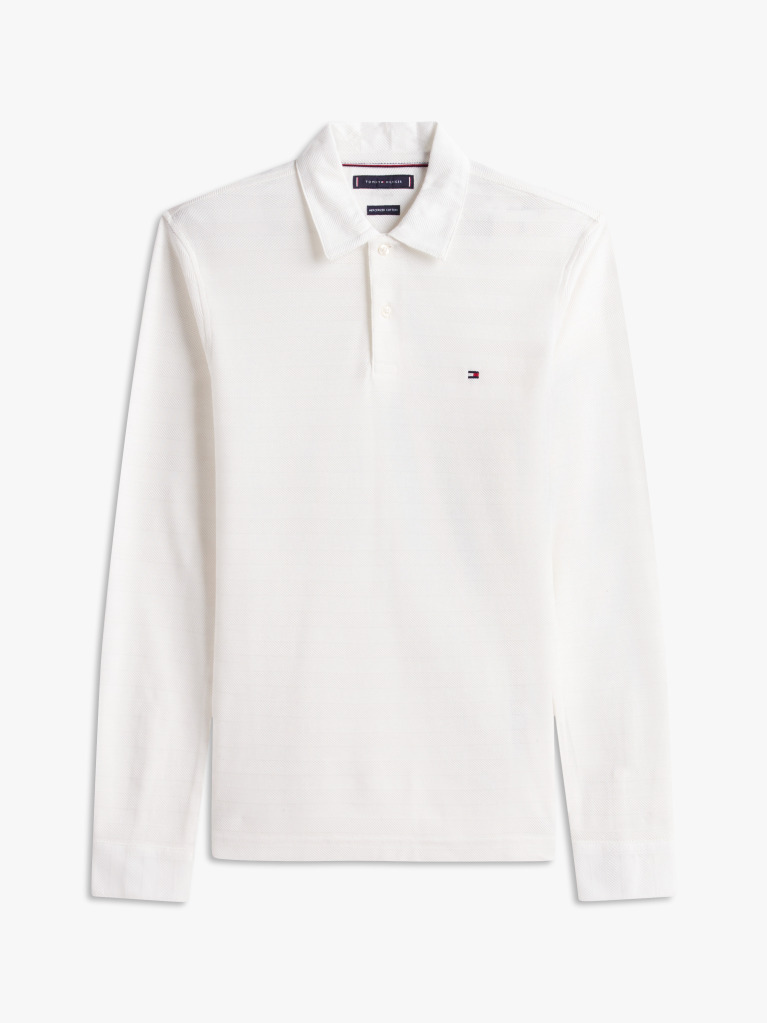 Beige Herringbone Jacquard Long Sleeve Polo Shirt  Men