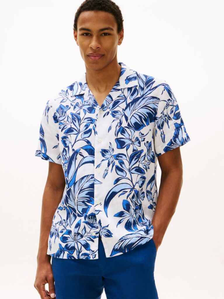 Multi Regular Fit Floral Print Linen Short Sleeve Shirt  Men