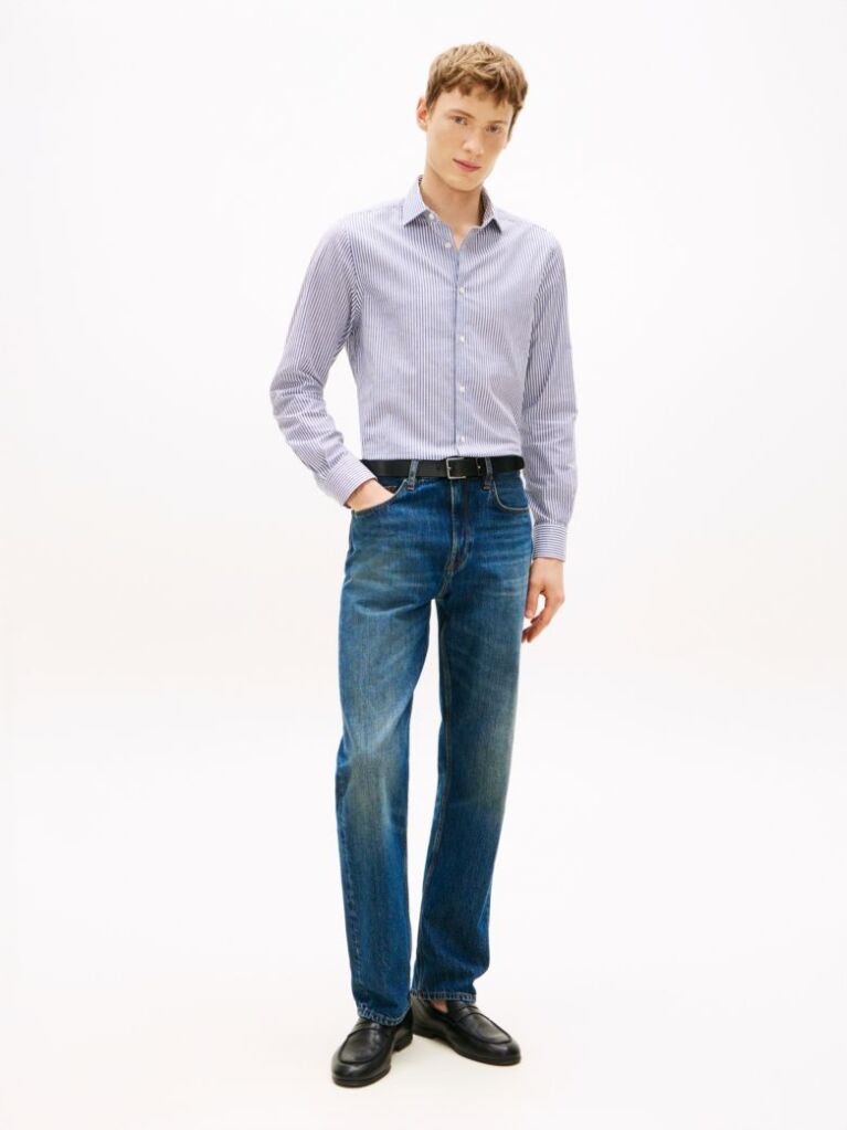 Μπλε Smart Casual Ριγέ Πουκάμισο Slim Με Τεχνολογία TH Flex  Άνδρες