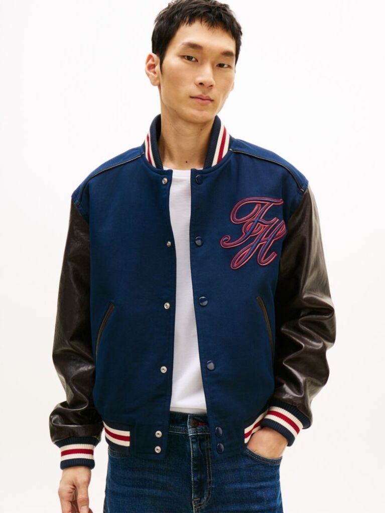 Blue Contrast Sleeve Leather Varsity Jacket  Men