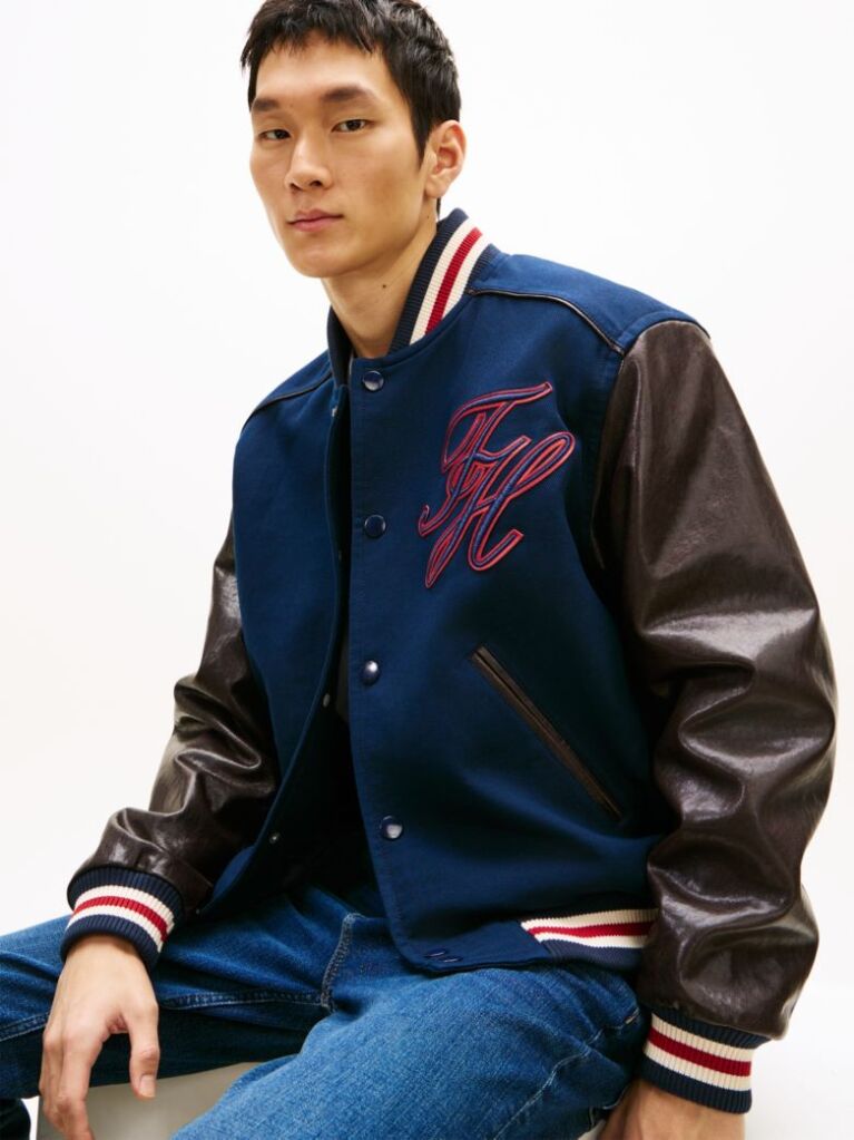 Blue Contrast Sleeve Leather Varsity Jacket  Men