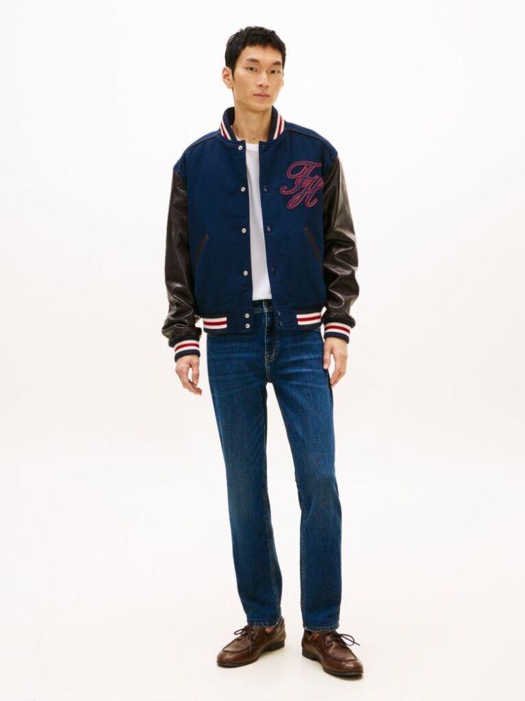 Blue Contrast Sleeve Leather Varsity Jacket  Men