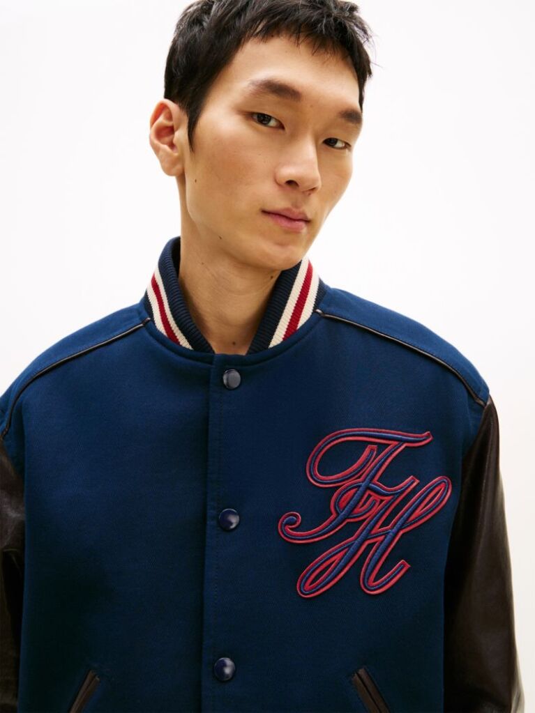 Blue Contrast Sleeve Leather Varsity Jacket  Men