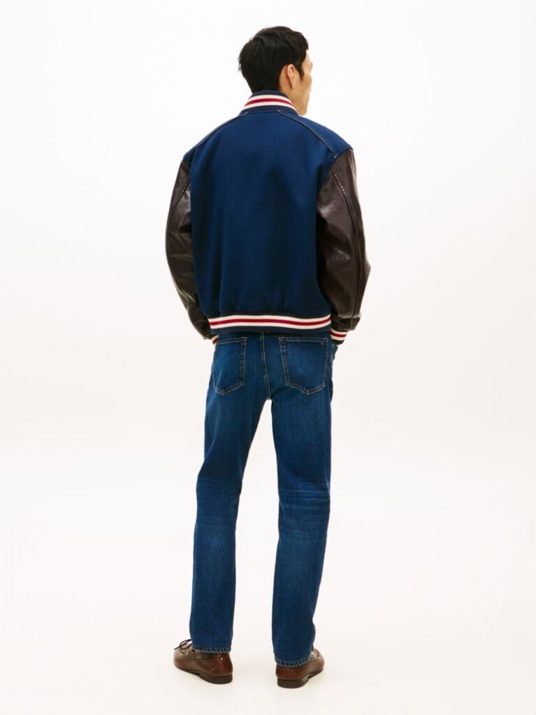 Blue Contrast Sleeve Leather Varsity Jacket  Men