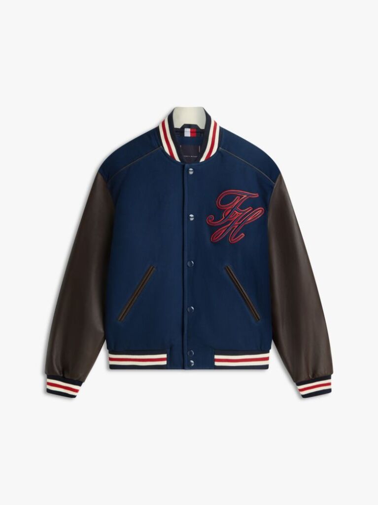 Blue Contrast Sleeve Leather Varsity Jacket  Men