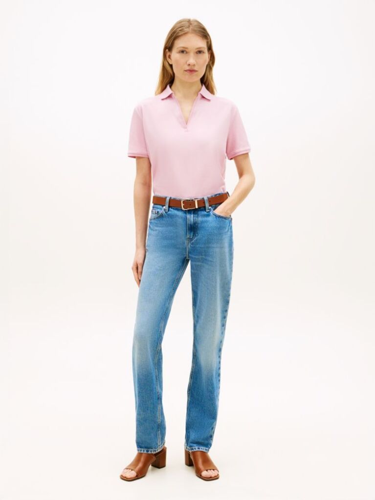 Pink Relaxed Fit Open Placket Pique Polo Shirt  Women