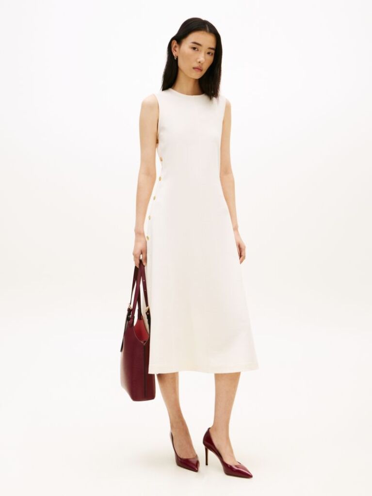 Beige Gold-Tone Button Sleeveless Midi Dress  Women