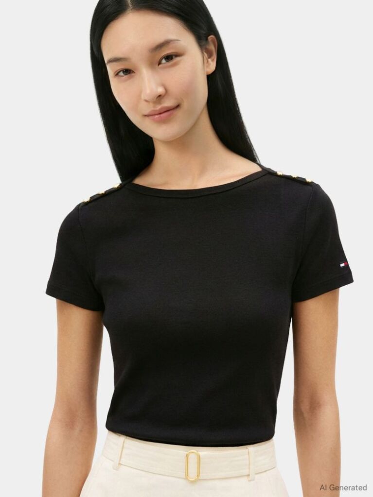 Black Gold-Tone Button Slim Boat Neck T-Shirt  Women
