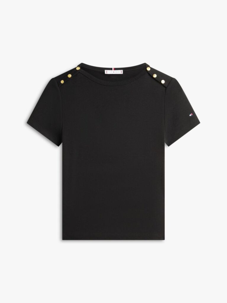Black Gold-Tone Button Slim Boat Neck T-Shirt  Women