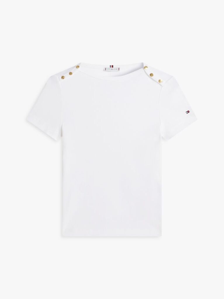 Άσπρο Slim T-Shirt Με Χρυσά Κουμπιά Και Boat Λαιμόκοψη  Γυναίκες