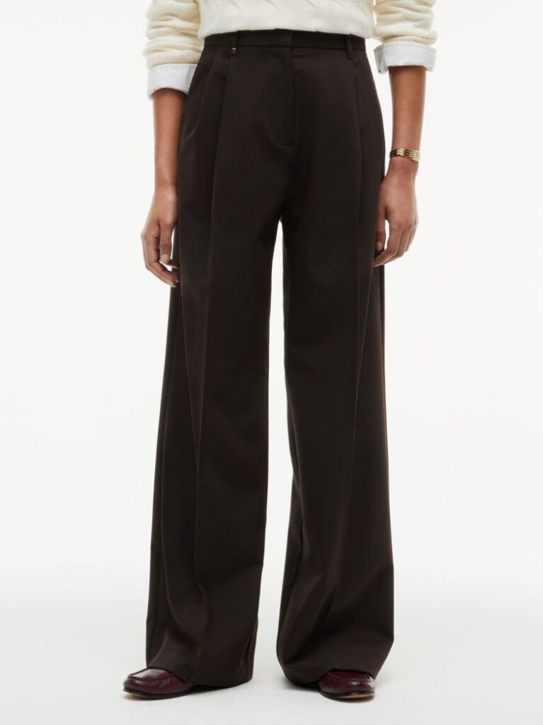 Brown Pleated Twill Wide Leg Trousers  Women