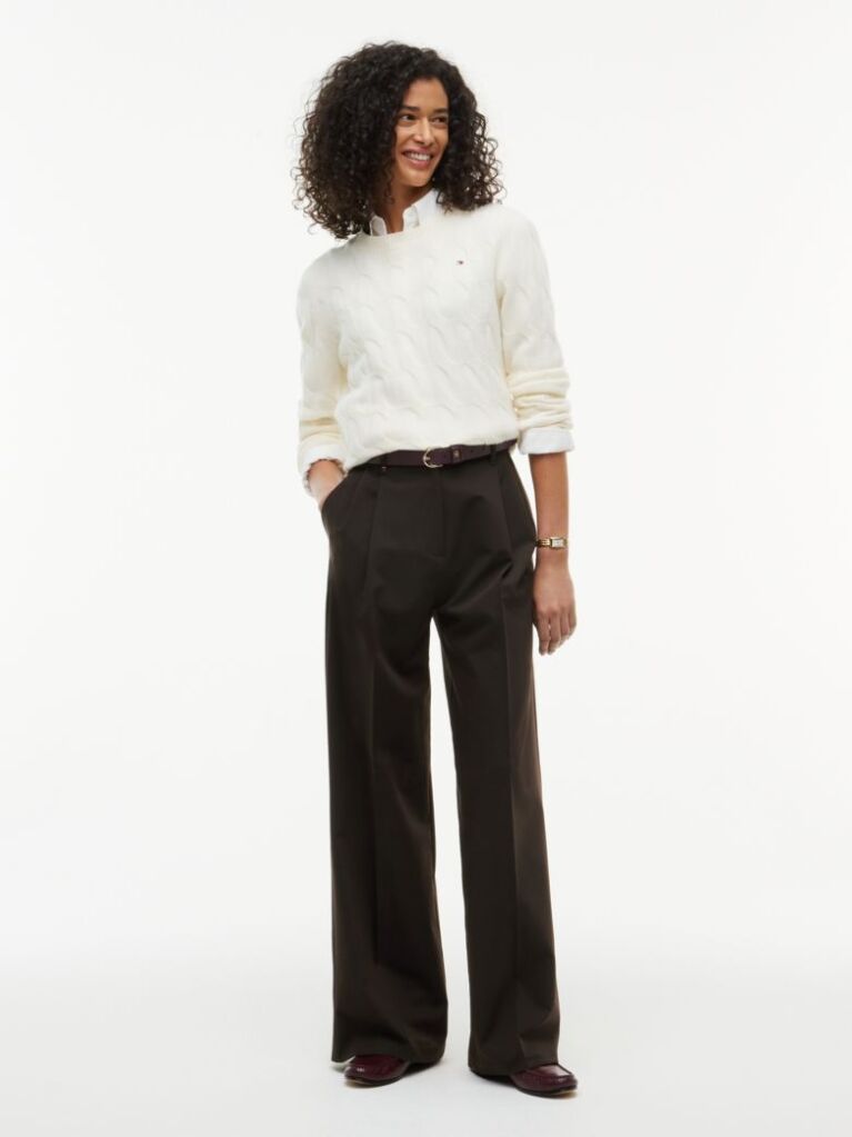 Brown Pleated Twill Wide Leg Trousers  Women