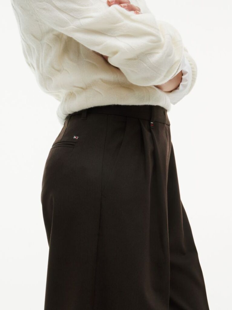 Brown Pleated Twill Wide Leg Trousers  Women