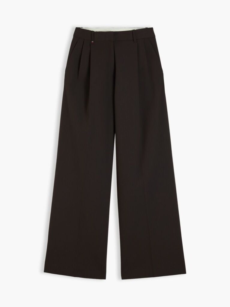 Brown Pleated Twill Wide Leg Trousers  Women