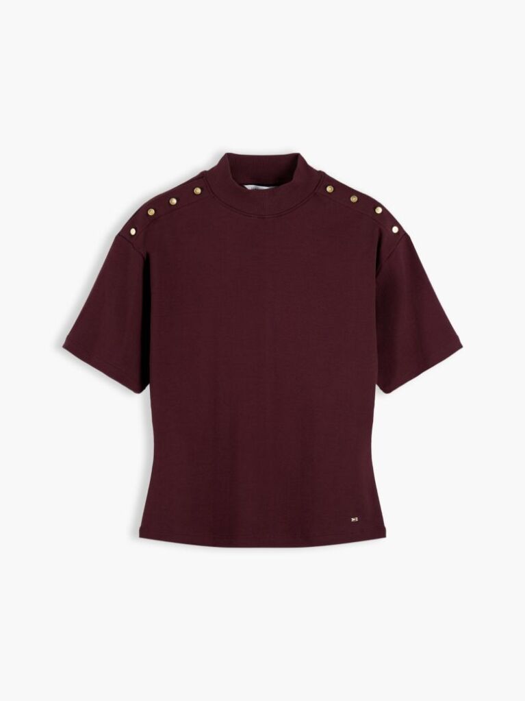 Κόκκινο T-Shirt Με Χρυσά Κουμπιά Και Λαιμόκοψη Mock  Γυναίκες
