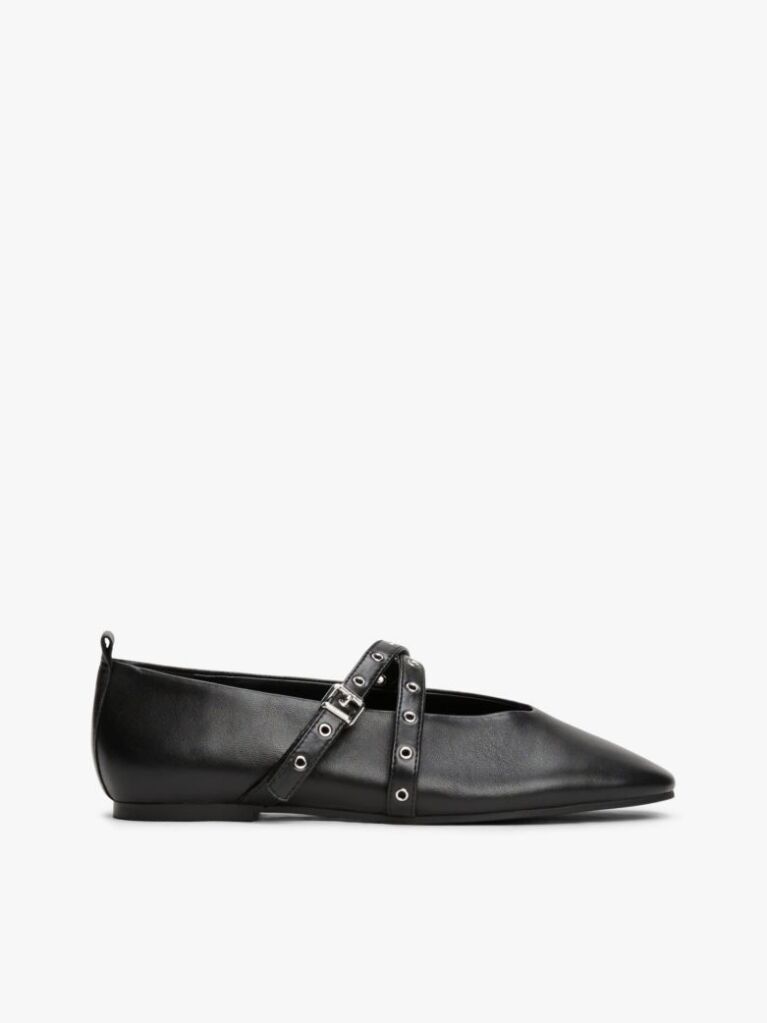 Black Leather Crossover Strap Mary Jane  Women