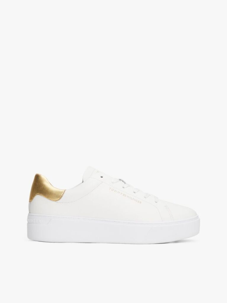 White Leather Metallic Platform Court Trainers  Women