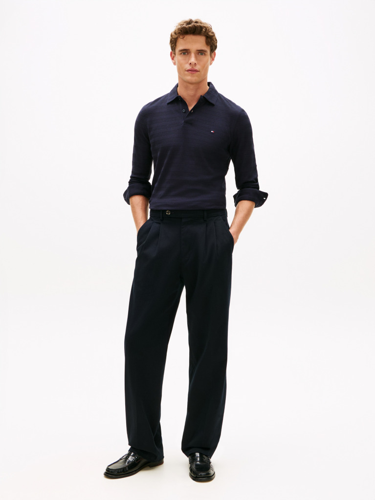 Blue Herringbone Jacquard Long Sleeve Polo Shirt  Men