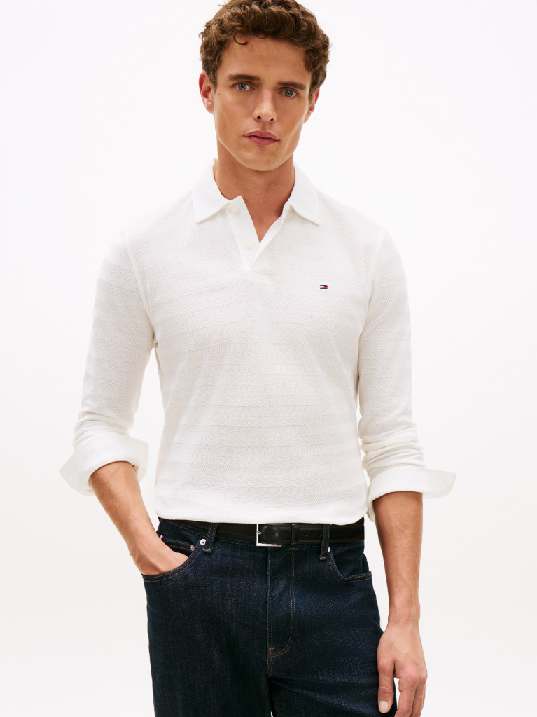 Beige Herringbone Jacquard Long Sleeve Polo Shirt  Men
