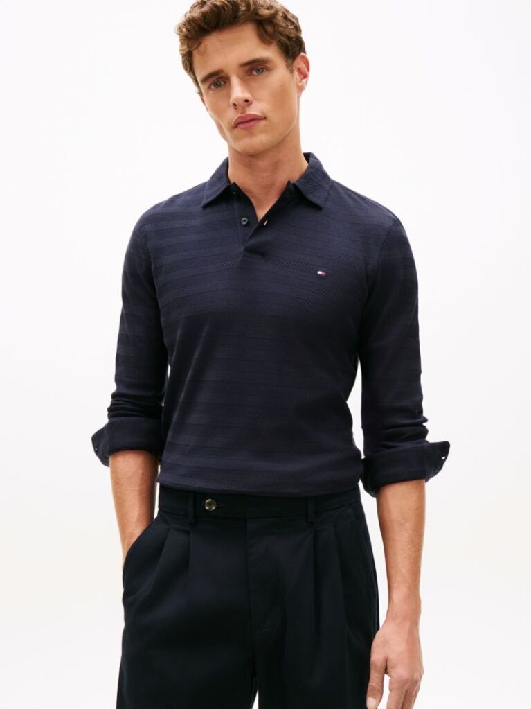Blue Herringbone Jacquard Long Sleeve Polo Shirt  Men