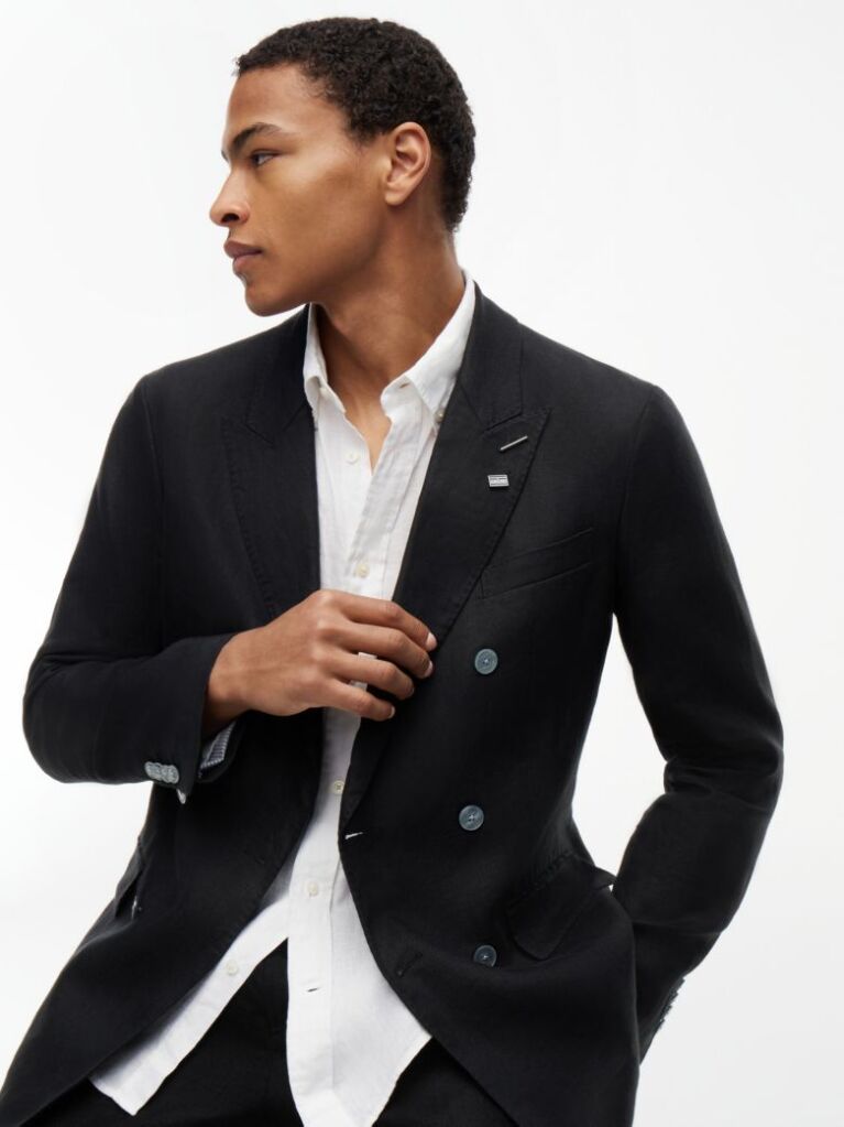 Μαύρο Smart Casual Λινό Blazer Σε Κανονική Γραμμή  Άνδρες