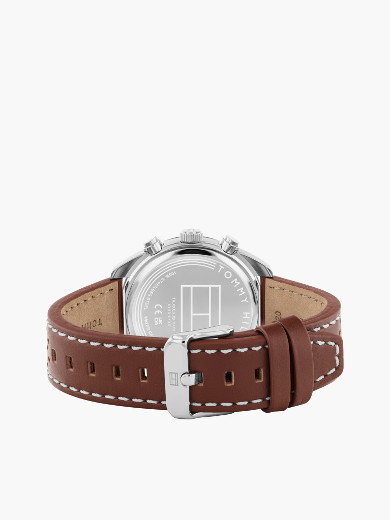 White Brown Perforated Leather Contrast Bezel Watch  Men