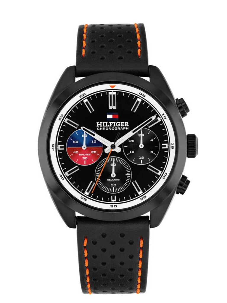 Black Black Perforated Leather Contrast Bezel Watch  Men