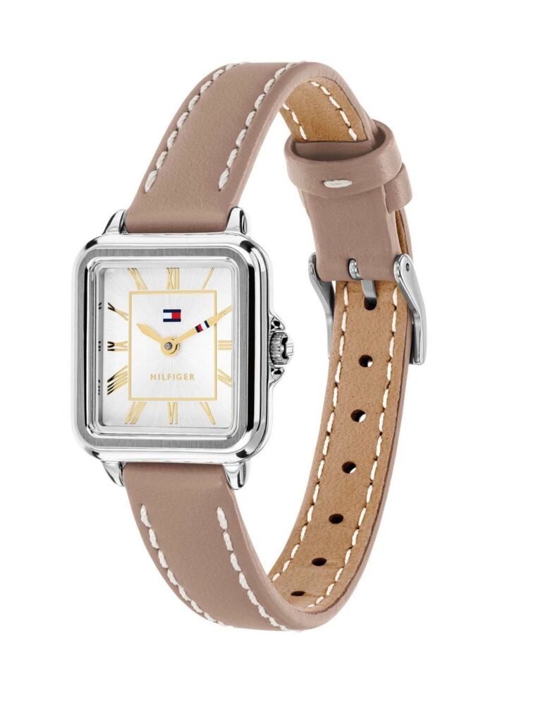White Rectangular Dial Leather Strap Silver-Plated Watch  Women
