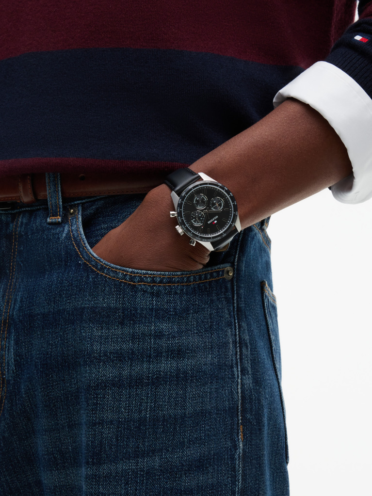 Black Black Leather Strap Chronograph Watch  Men