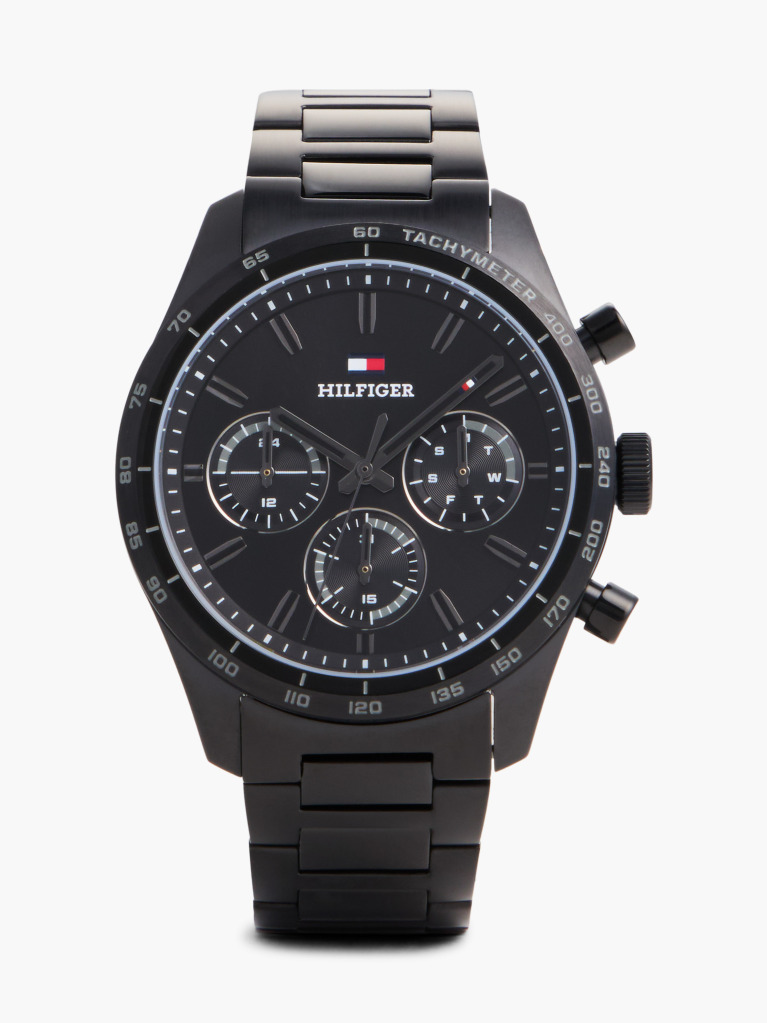Μαύρο Ρολόι Από Ανοξείδωτο Ατσάλι Με Μαύρο Καντράν Με Χρονογράφους  Άνδρες