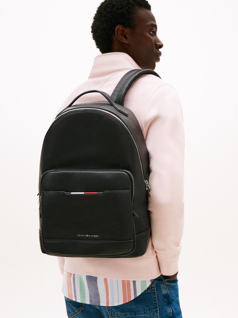 Black Metal Logo Pebble Grain Backpack  Men