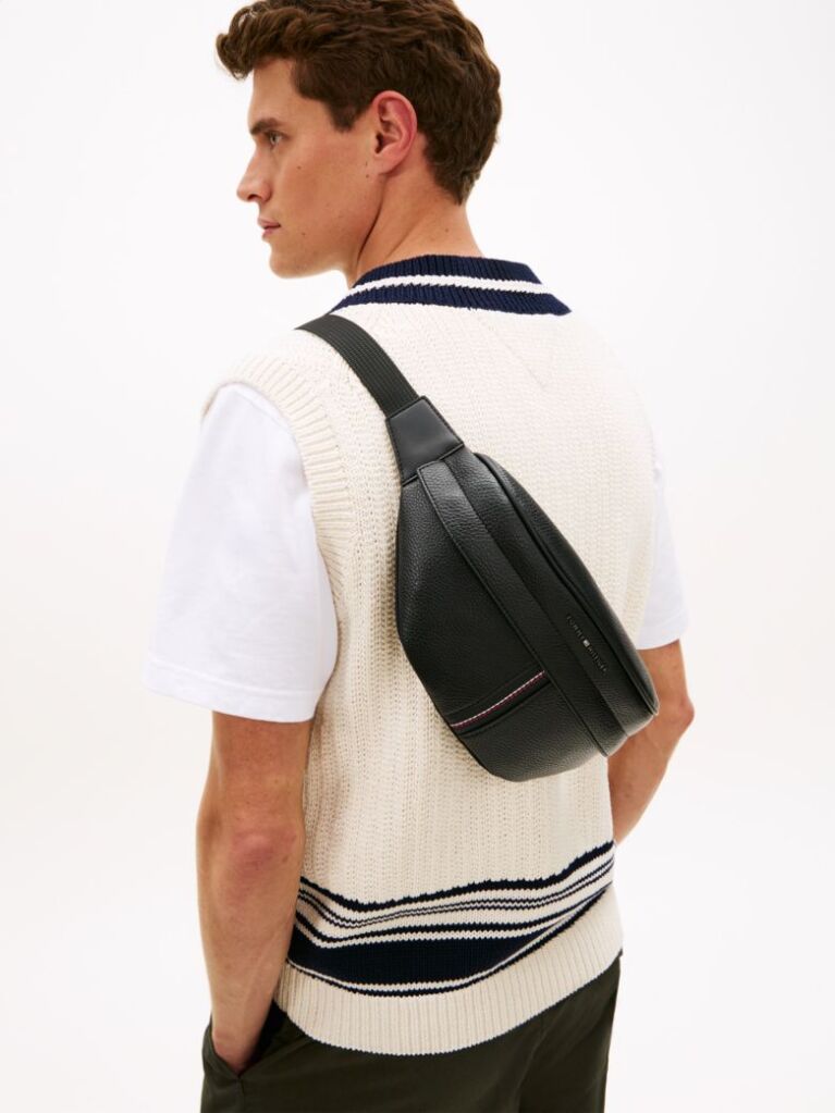 Black Pebble Grain Metal Logo Bum Bag  Men