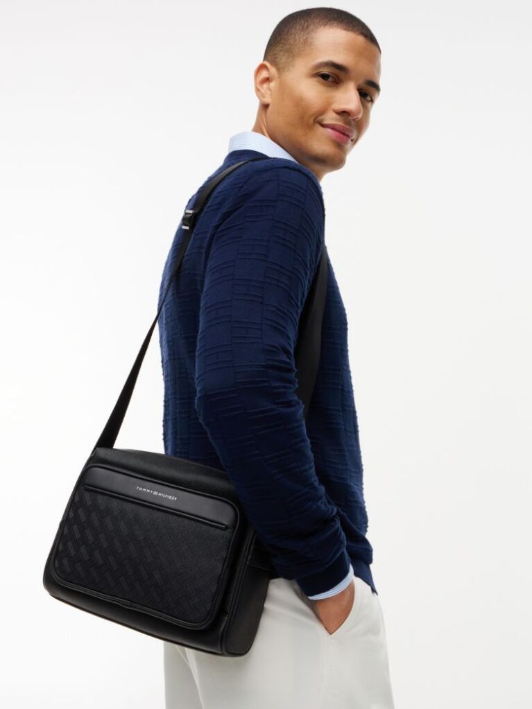 Black Modern Textured Flag Crossbody Messenger Bag  Men