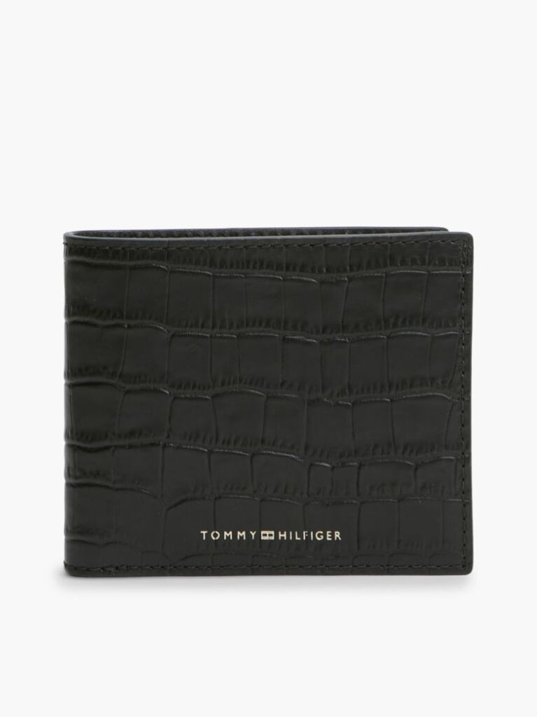 Black Croco-Print Leather Metallic Logo Bifold Wallet  Men