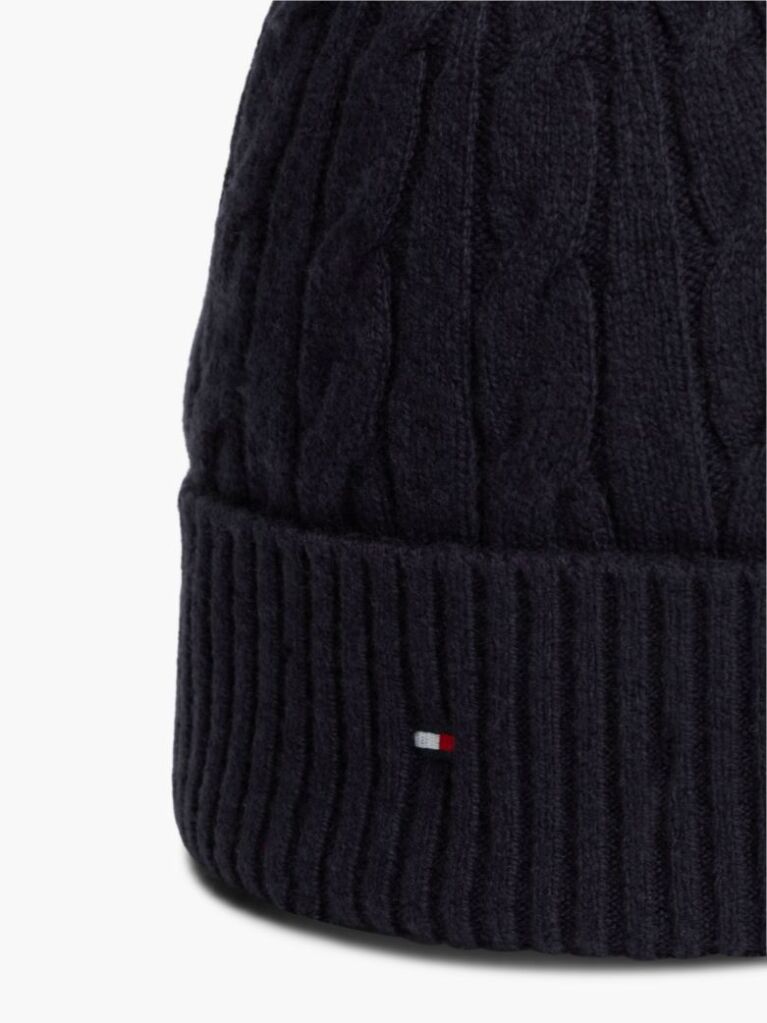 Blue Lambswool Blend Cable Knit Flag Beanie  Men