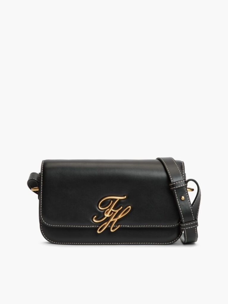 Black Leather Flap Logo Plaque Crossbody Bag  Women