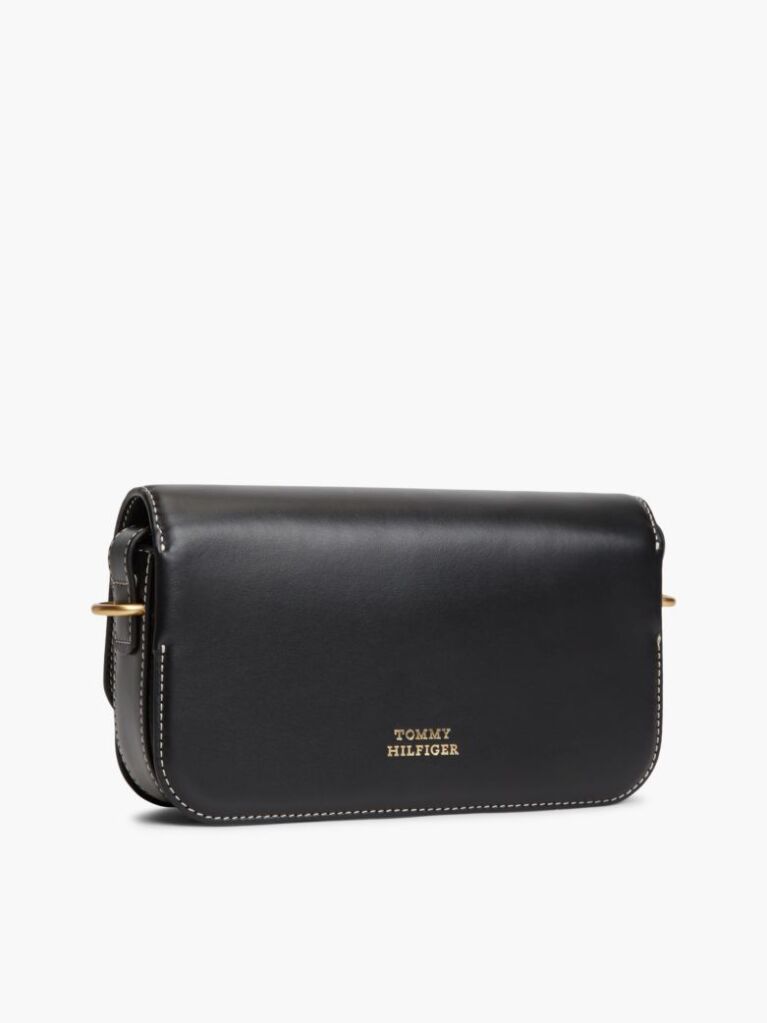 Black Leather Flap Logo Plaque Crossbody Bag  Women