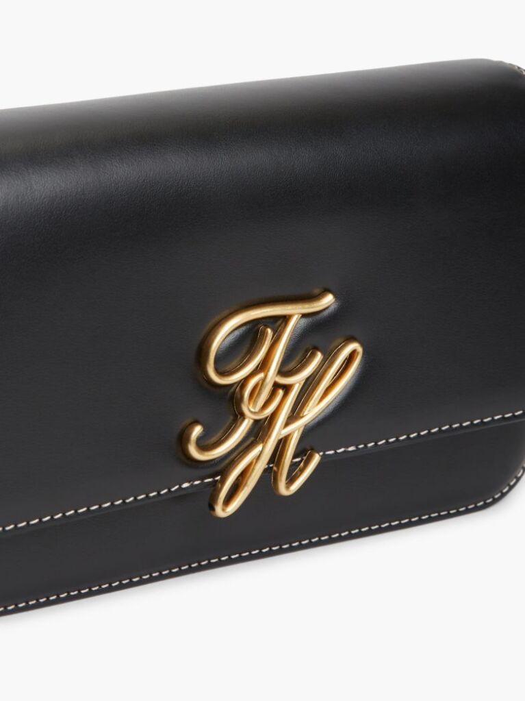 Black Leather Flap Logo Plaque Crossbody Bag  Women