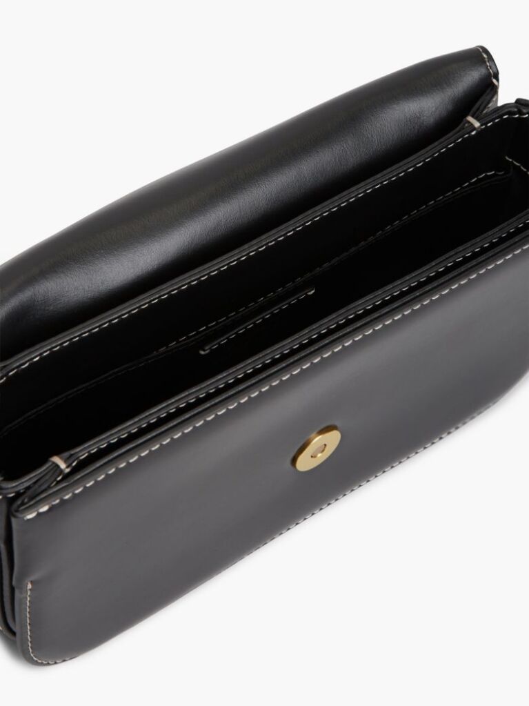 Black Leather Flap Logo Plaque Crossbody Bag  Women