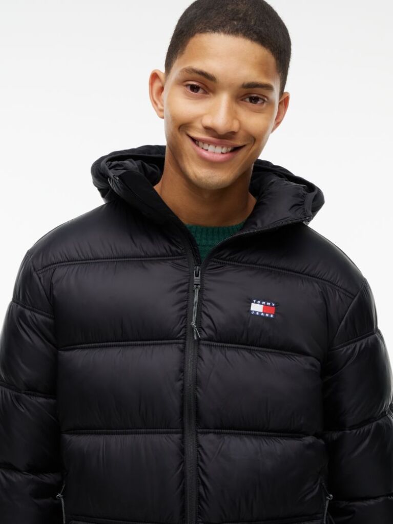 Black Tonal Logo Hooded Puffer Jacket  Men