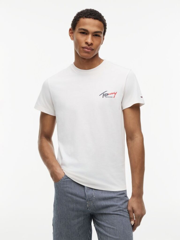 Άσπρο Slim Βαμβακερό T-Shirt Με Signature Λογότυπο  Άνδρες