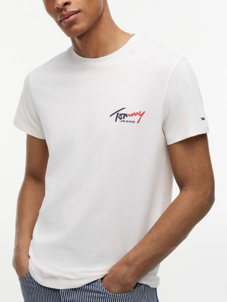 Άσπρο Slim Βαμβακερό T-Shirt Με Signature Λογότυπο  Άνδρες
