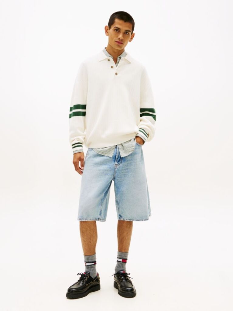 Beige 90s Tommy Badge Stripe Sleeve Polo Jumper  Men