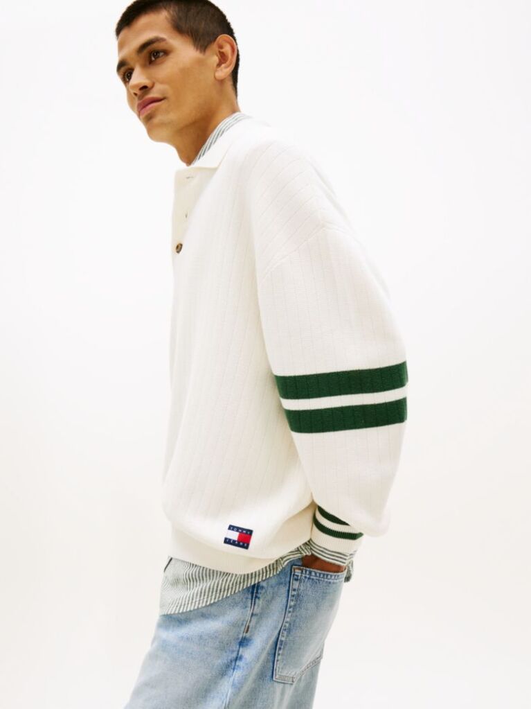 Beige 90s Tommy Badge Stripe Sleeve Polo Jumper  Men