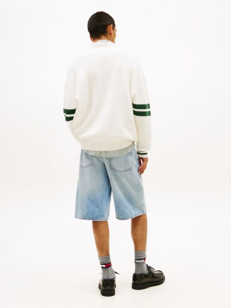 Beige 90s Tommy Badge Stripe Sleeve Polo Jumper  Men