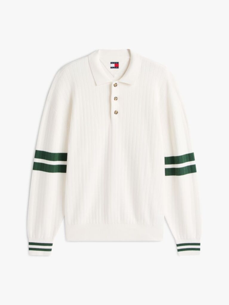 Beige 90s Tommy Badge Stripe Sleeve Polo Jumper  Men