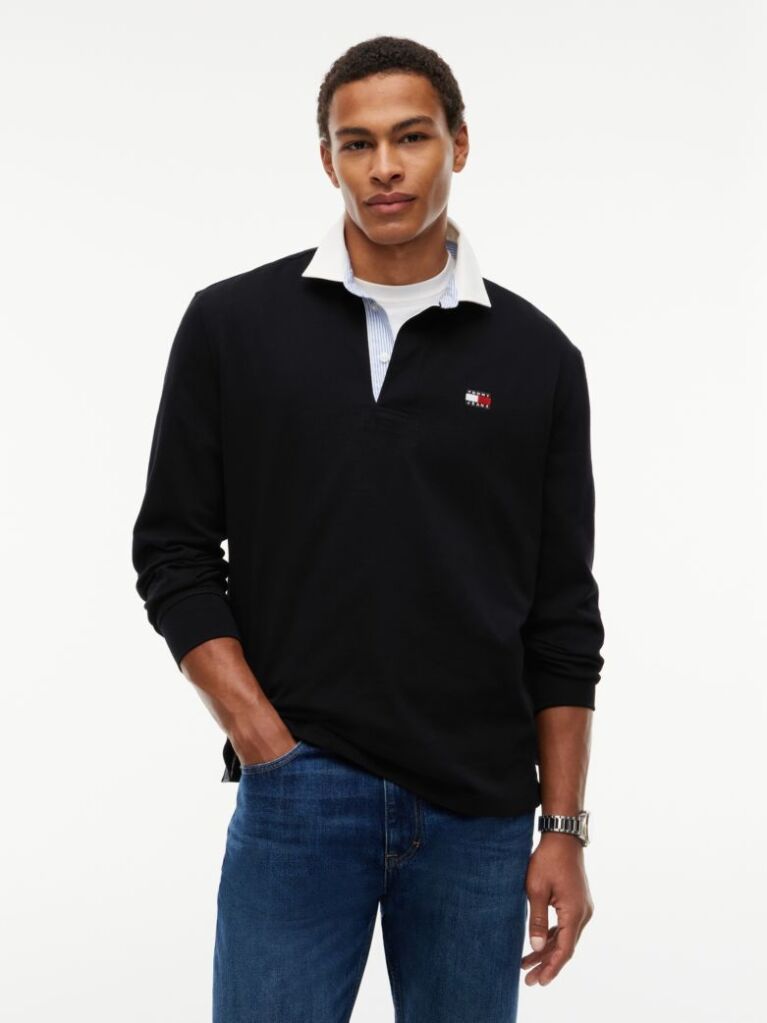 Black Tommy Badge Relaxed Rugby Shirt  Men